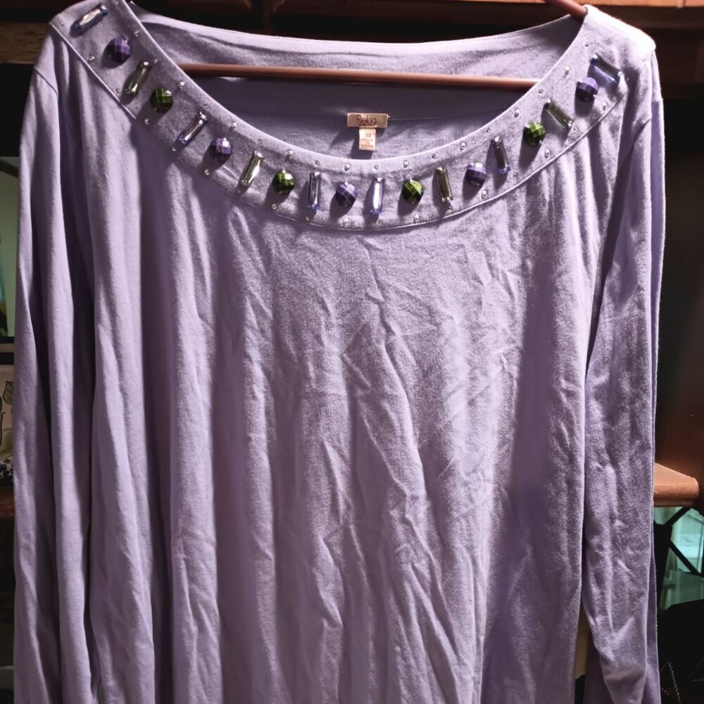 NWT Reba 3X L/S Purple Cotton/Modal Top with Stones at Neckline